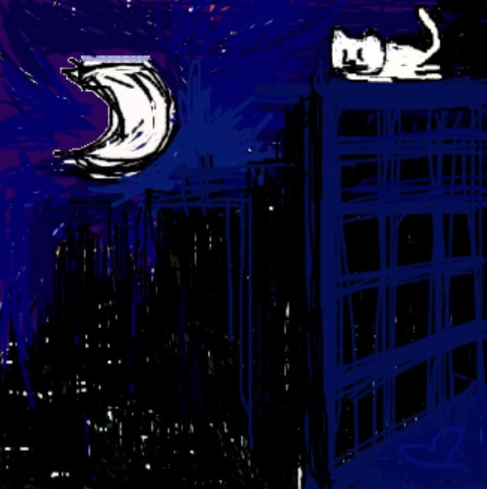 White cat resting on top of a tall building at night looking at a crescent moon over a dark blue city