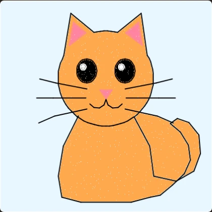 Drawing of a round orange cat with big black eyes, long whiskers and a curled tail on a light blue background